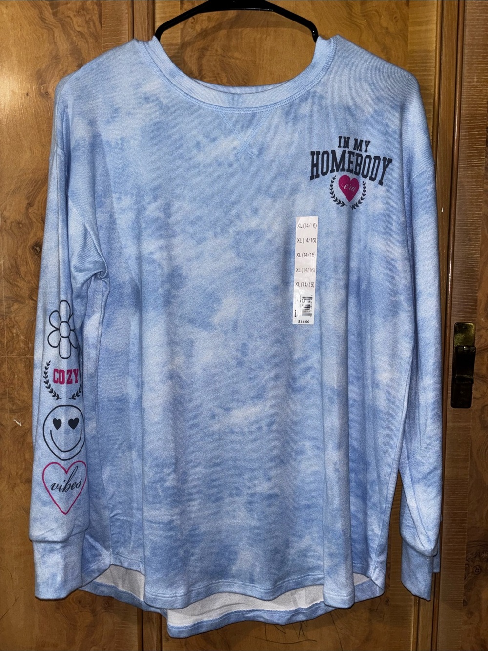 Long-Sleeve Kids Tie-Dye Top with Graphic Accents - Light Blue girls XL 14/16